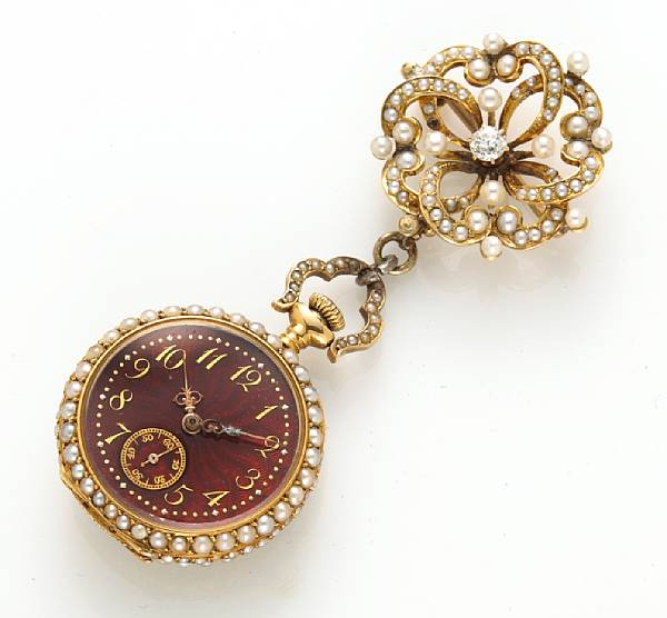 Appraisal: A pearl and enamel pocket watch together with diamond and