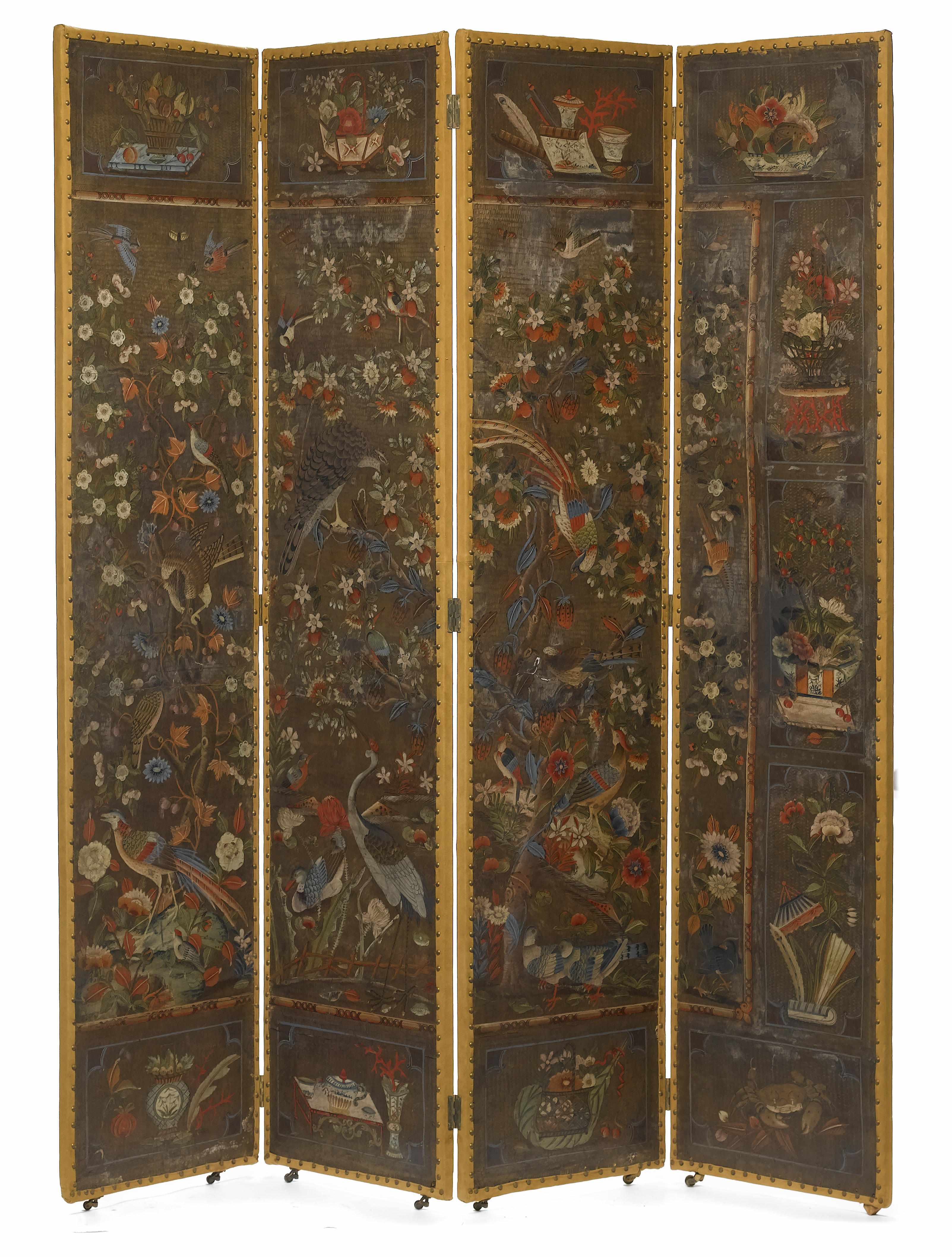 Appraisal: A Continental painted and embossed leather four fold floor screen