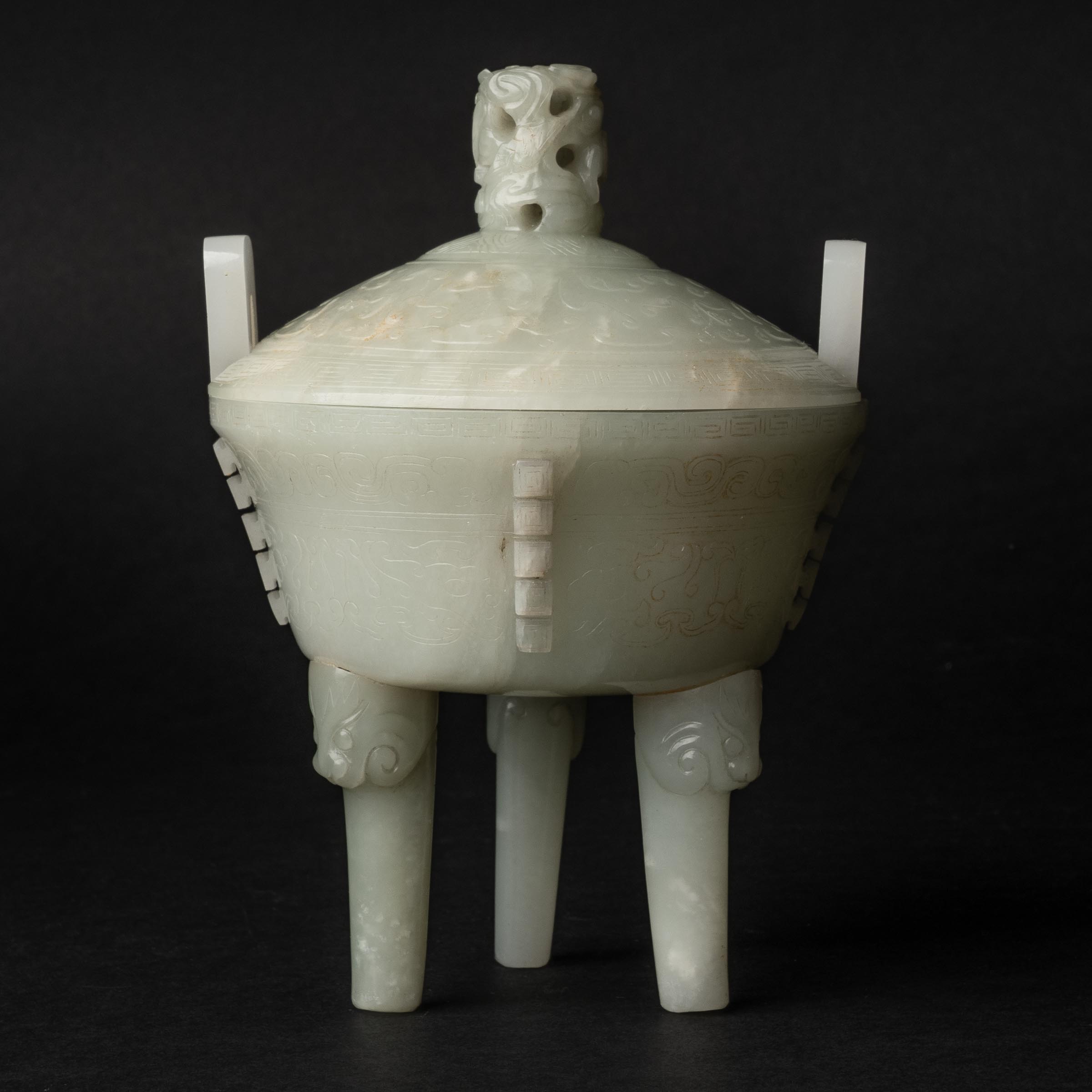 Appraisal: A White Jade Tripod Censer and Cover Qianlong Period th