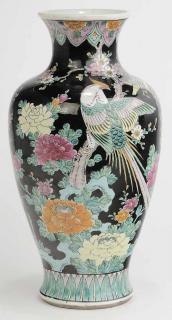 Appraisal: Famille Noire Vase black ground chrysanthemums birds amongst green foliage