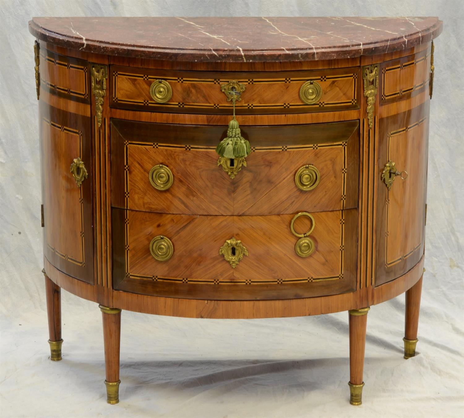 Appraisal: Louis XVI demi-lune parquetry mahogany and rosewood veneered commode with