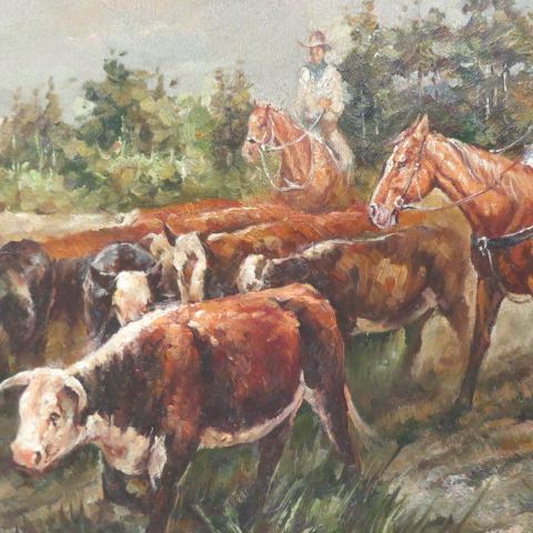 Appraisal: Western Oil Painting Cattle Drive signed Robinson on canvas image