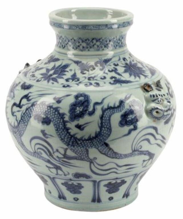 Appraisal: Chinese blue and white porcelain vase with rabbit's-head handles dragon