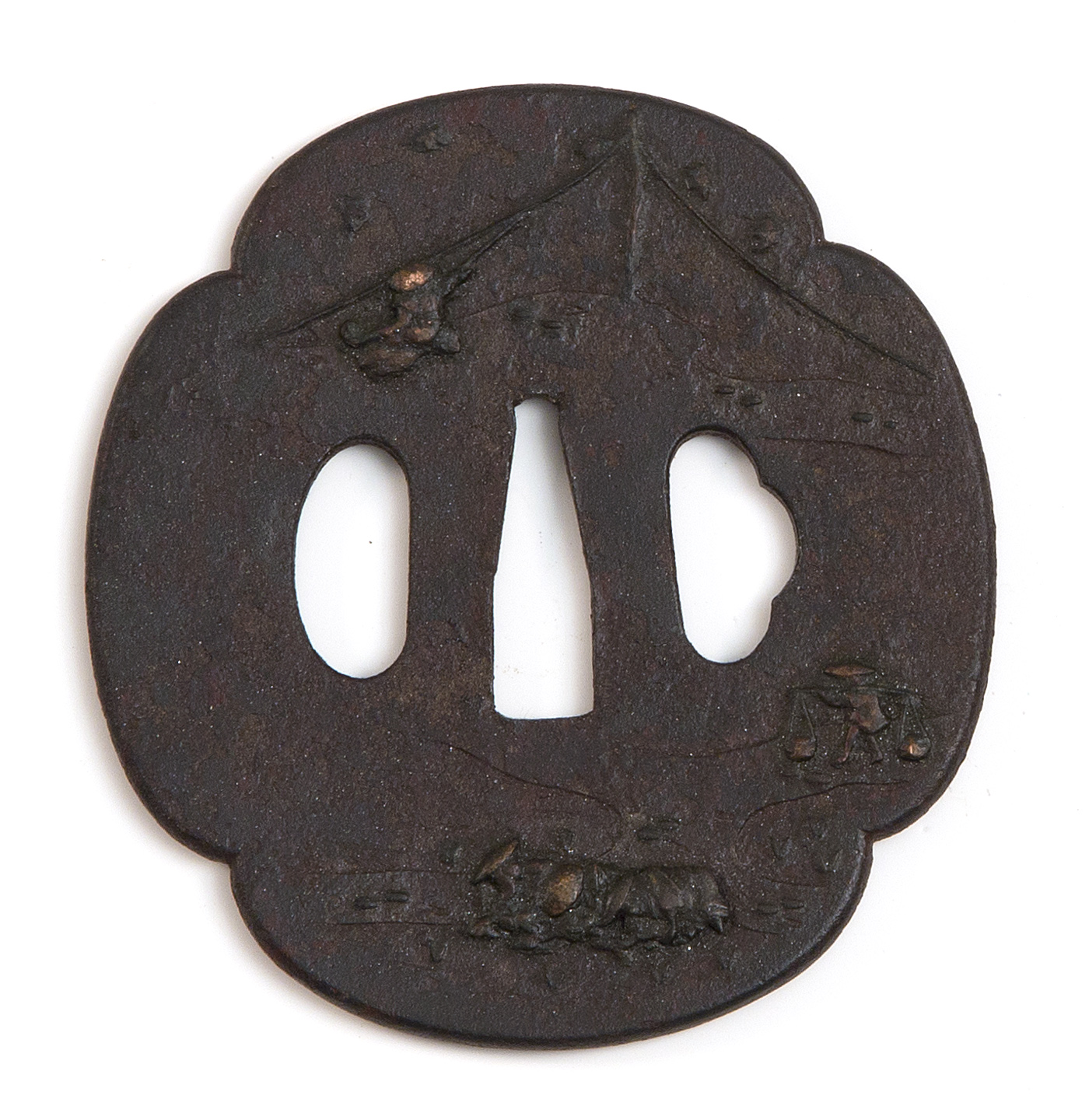 Appraisal: INLAID IRON MOKKO-FORM TSUBA th CenturyWith depiction of rice culture