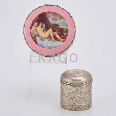 Appraisal: ENAMELED SILVER BOX AND TIFFANY TEA CADDY Round silver hinged