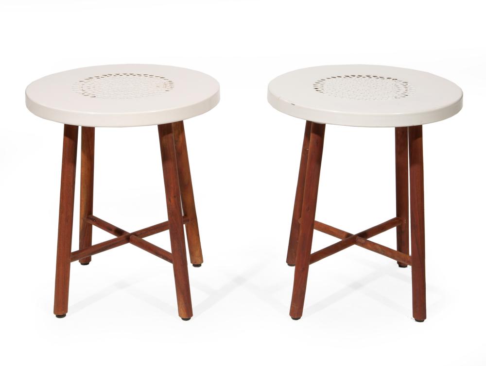 Appraisal: Pair of Decorative Enameled Metal and Wood Stools reticulated seat