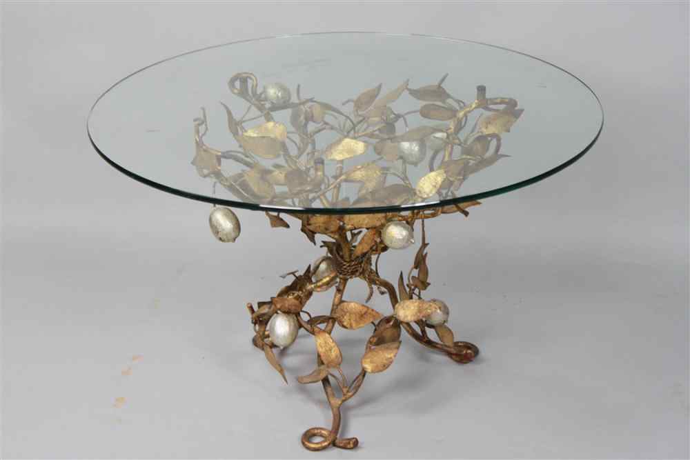 Appraisal: GLASS-TOPPED COFFEE TABLE WITH GOLD-COLORED LEAF AND VINE LEGS two