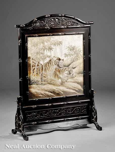 Appraisal: An Antique Chinese Hardwood Firescreen c faux bamboo carved framework