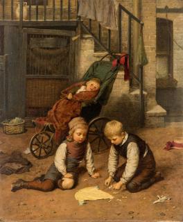 Appraisal: HARRY BROOKER BRITISH - Children Playing in the Courtyard oil