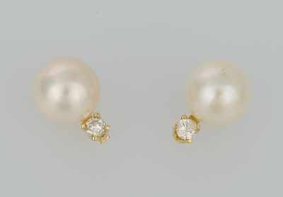 Appraisal: A Pair of Ladies' Pearl and Diamond Ear Studs k