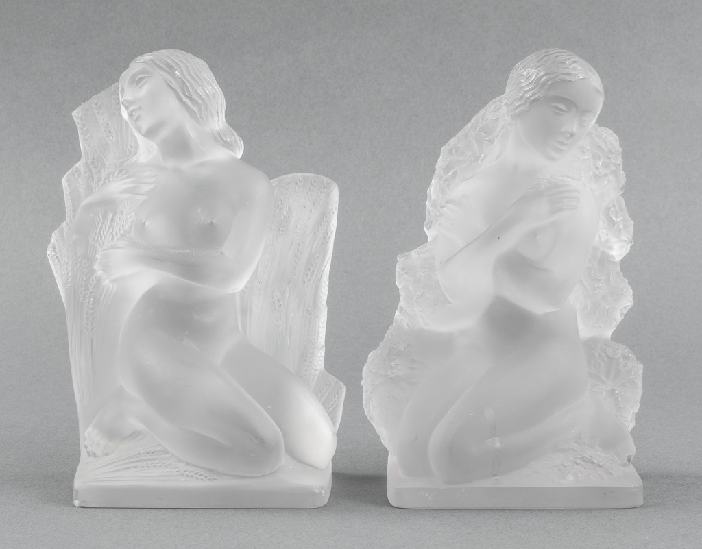 Appraisal: LALIQUE FOUR SEASONS FROSTED CRYSTAL BOOKENDS PR Pair of Lalique