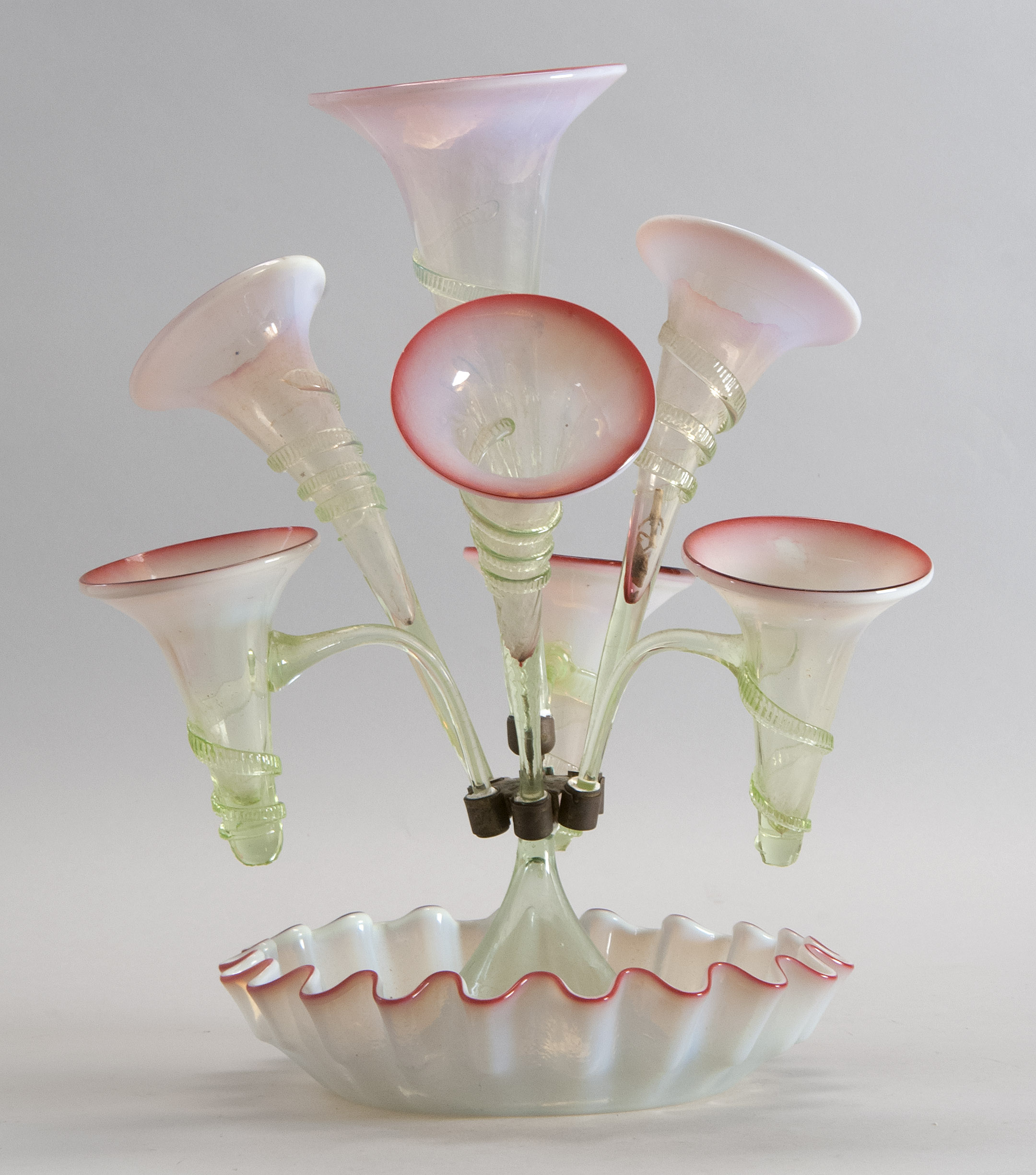 Appraisal: VICTORIAN VASELINE AND CRANBERRY GLASS EPERGNE Late th CenturySeven trumpet-form