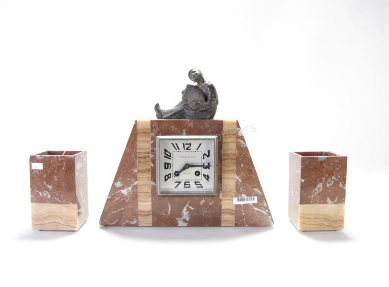 Appraisal: French Art Deco Marble Clock And Garniture Set figural clock