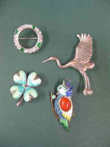 Appraisal: Sterling Silver Broochs enameled bird clover flying crane circle pin