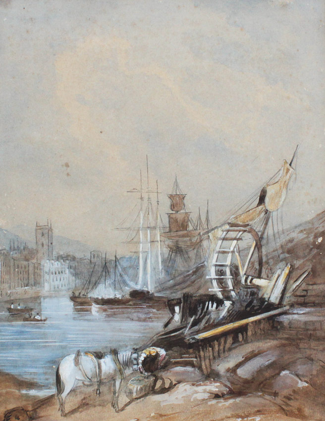 Appraisal: TH CENTURY WATERCOLOR PAINTING OF FALMOUTH Scene Depicts a Busy