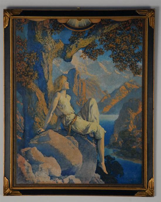 Appraisal: Maxfield Parrish Print Dawn framed rare st Edison-Mazda cropped Calendar