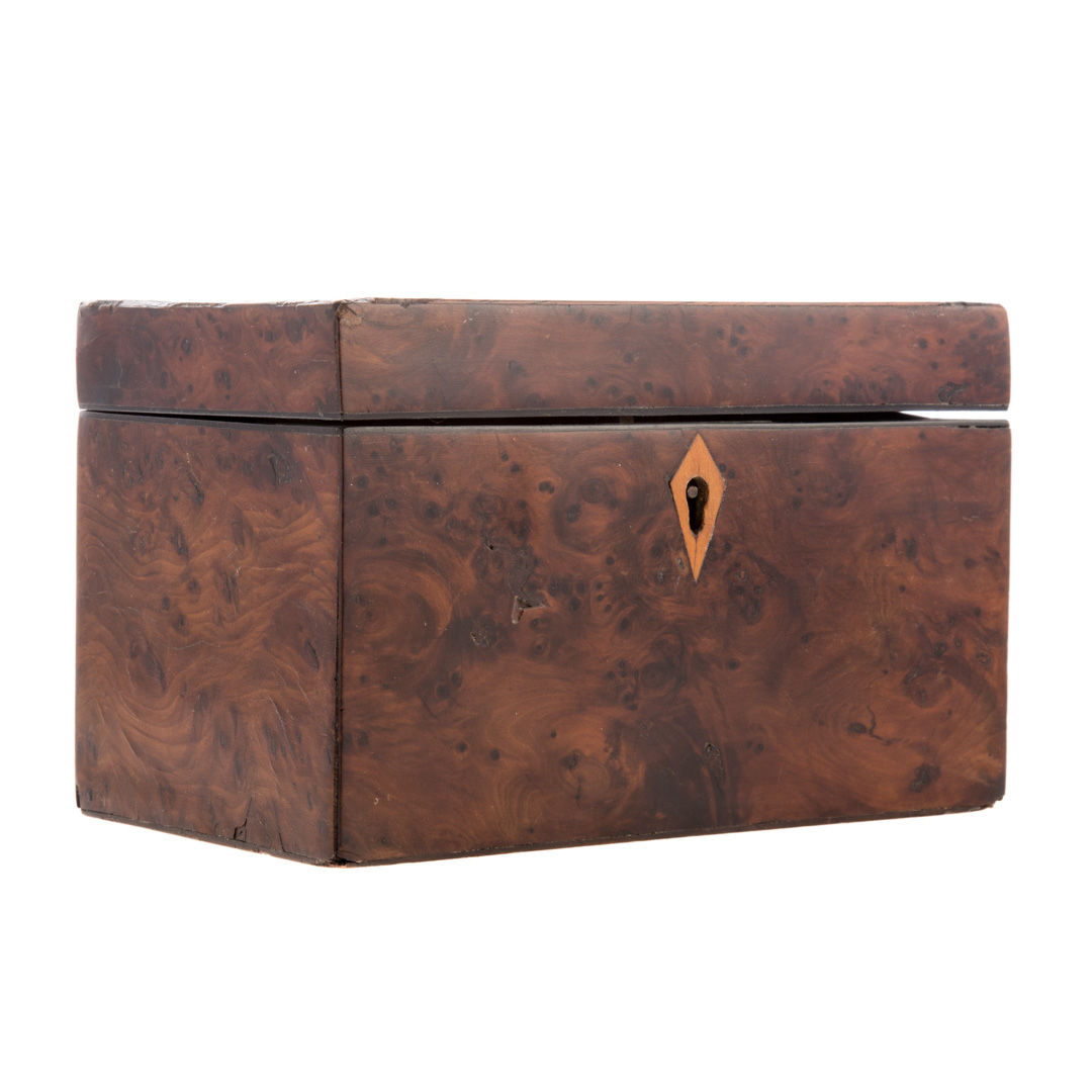 Appraisal: George IV burl walnut and Tunbridge tea caddy circa burl