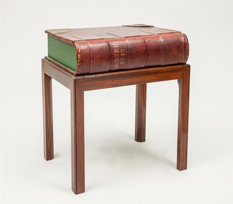 Appraisal: Large Leather Book-Form Box on Mahogany Stand Box x x