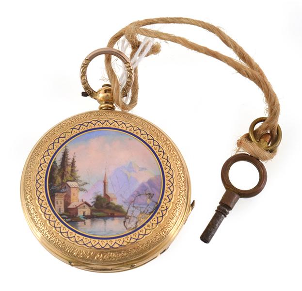 Appraisal: CT GOLD AND ENAMEL POCKET WATCH WITH HAND PAINTED SCENE