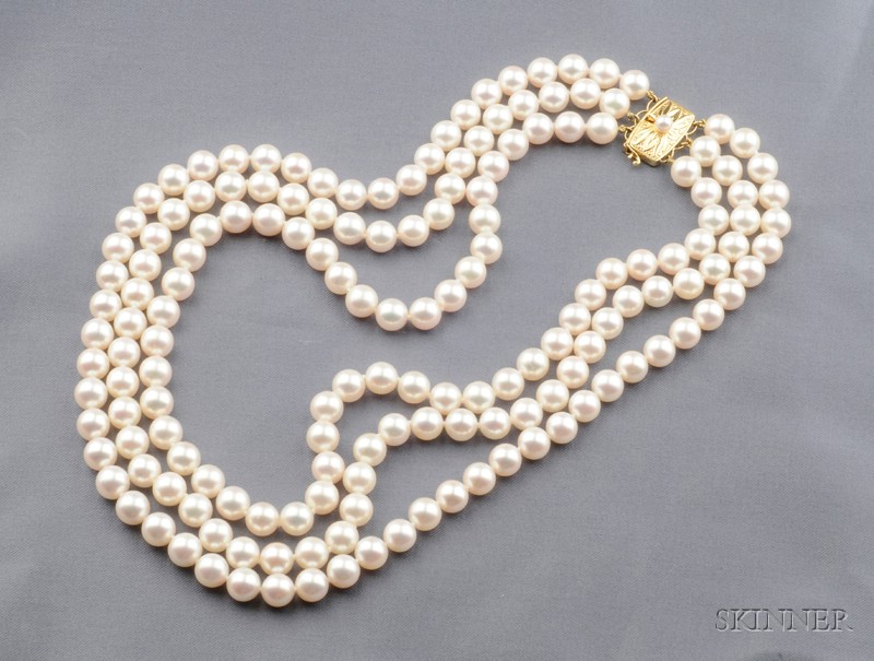 Appraisal: Cultured Pearl Necklace Mikimoto composed of three strands of white