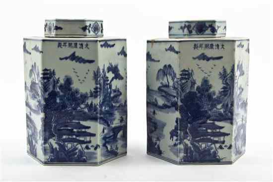 Appraisal: A Pair of Lidded Hexagonal Jars having underglaze blue decoration