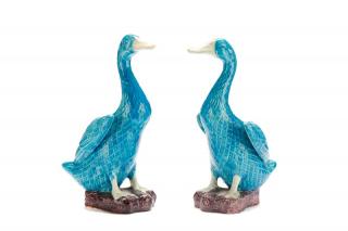 Appraisal: Pair of Chinese Porcelain Blue Glazed Ducks Chinese likely th