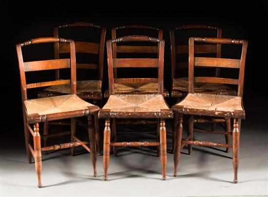 Appraisal: Set of six Late Federal pine and maple rush-seat side