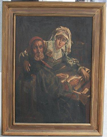 Appraisal: EARLY TH C GENRE PAINTING ''SURPRISED'' OIL Canvas signed J