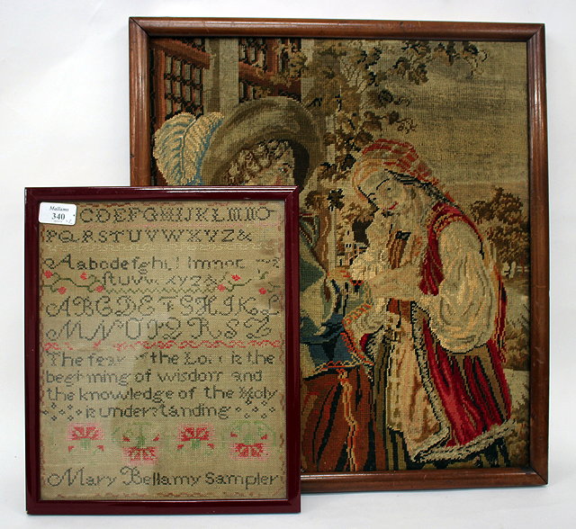 Appraisal: A VICTORIAN NEEDLEWORK PANEL of two country figures cm x