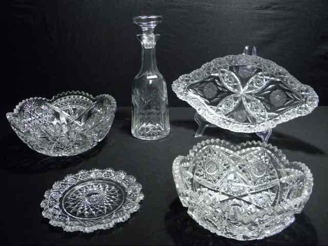 Appraisal: Five pieces of assorted cut crystal Includes a Waterford decanter