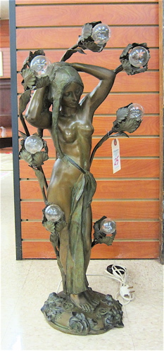 Appraisal: FIGURAL ART NOUVEAU BRONZED SPELTER TABLE LAMP American c the