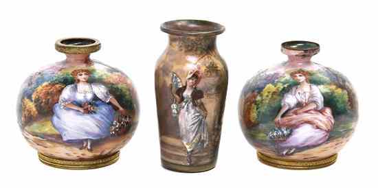 Appraisal: Three French Enameled Copper Vases comprising a pair of bud