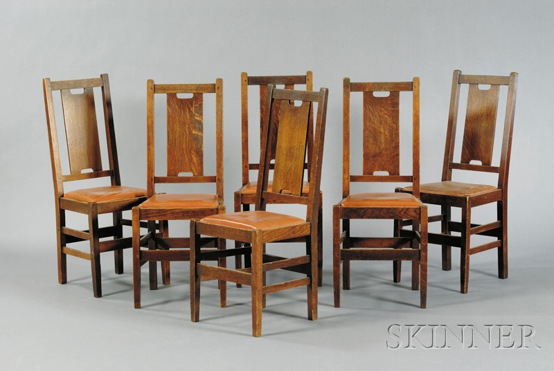 Appraisal: Six Arts Crafts Dining Chairs Oak and upholstery Attributed to