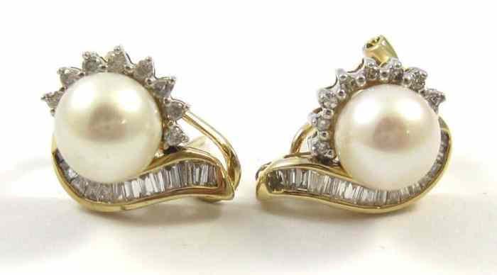 Appraisal: PAIR OF PEARL AND DIAMOND EARRINGS each k yellow gold