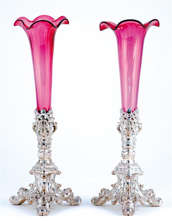 Appraisal: Pair silver and ruby glass epergnes flared and fluted vase