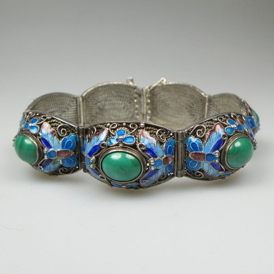 Appraisal: Chinese Silver Filigree And Enamel Bracelet set with oval malachite