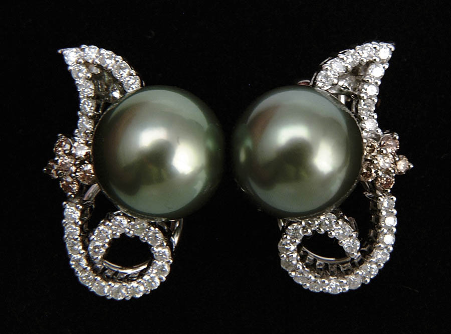 Appraisal: TAHITIAN PEARL AND DIAMOND EARRINGS Beautiful kt white gold earrings