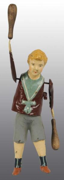 Appraisal: Tin Hand-Painted Boy Spinning Weight Pins Toy Description German Wind-up