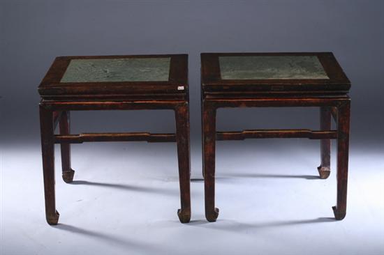 Appraisal: PAIR CHINESE STONE INSET ELM WOOD SIDE TABLES th century