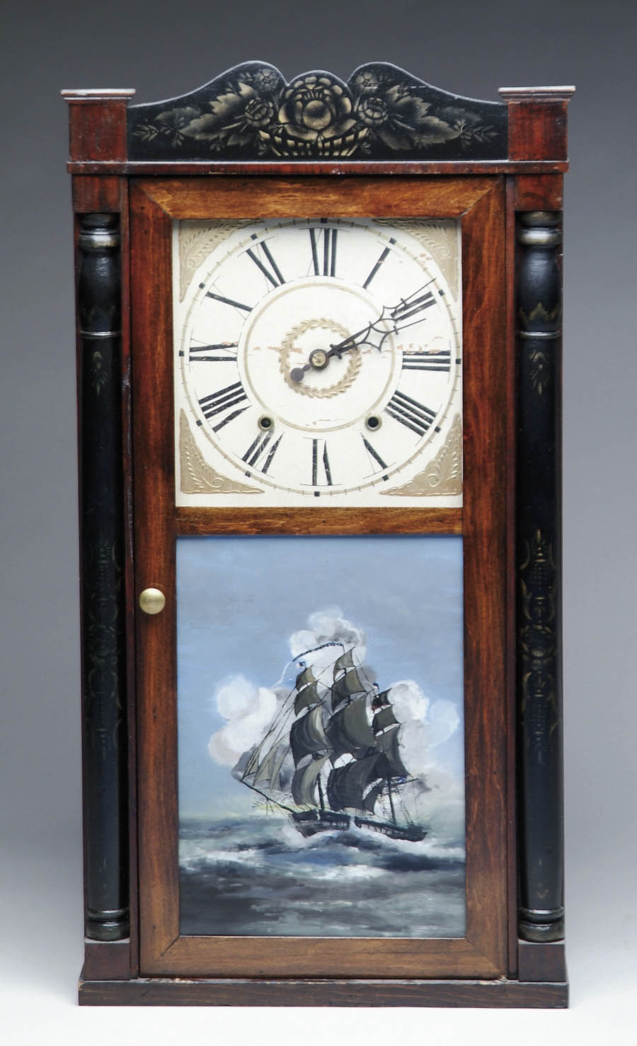 Appraisal: DECORATED SHELF CLOCK BY WILLIAM B LOOMIS Bottom glass with