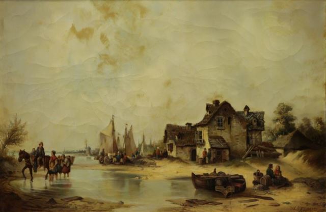 Appraisal: HERMANN Ludwig Oil on Canvas Dutch CoastalVillage Scene Signed and