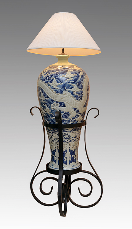 Appraisal: PALATIAL CHINESE BLUE WHITE DRAGON LAMP IN IRON STAND Baluster