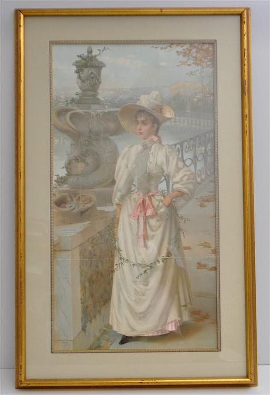 Appraisal: LARGE FRAMED VICTORIAN LITHO - GIRL W FOUNTAIN Large Framed