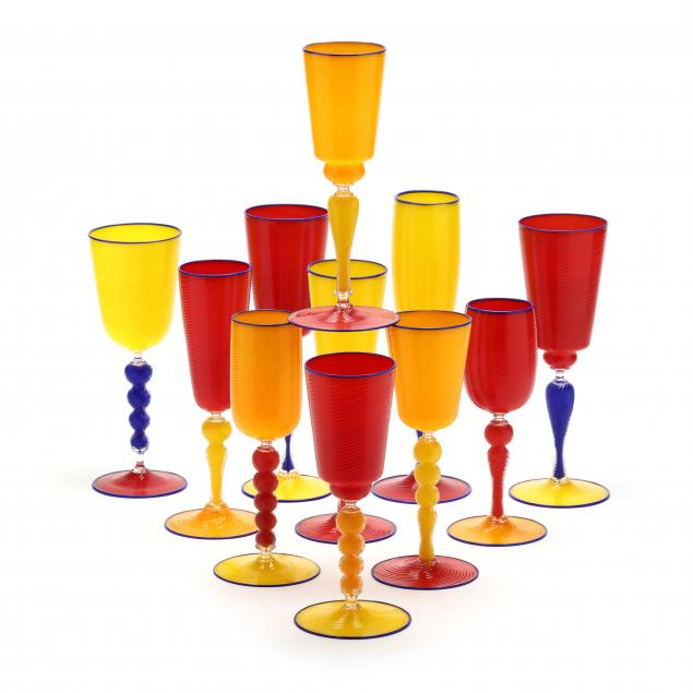 Appraisal: DANTE MARIONI AMERICAN B ELEVEN ASSORTED ART GLASS GOBLETS Late