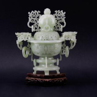 Appraisal: Chinese Carved Jade Reticulated Covered Urn on Wooden Stand Chinese