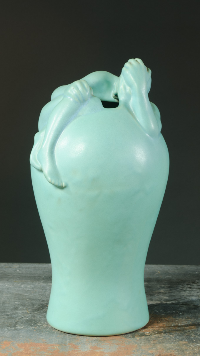 Appraisal: VAN BRIGGLE DESPONDENCY VASE baluster form Ming Blue glaze depicting