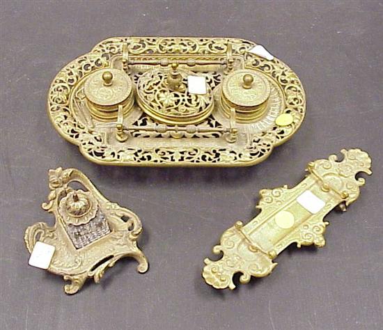 Appraisal: Metal Rococo style desk accessories including pen tray with inkwells