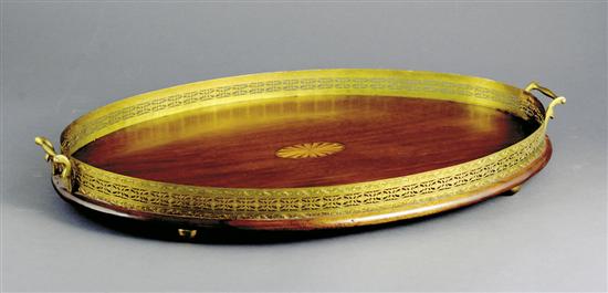 Appraisal: Inlaid mahogany and brass serving tray first half th centurypierced