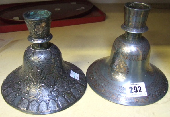 Appraisal: Two Indian bidri ware stands decorated with pairs of birds