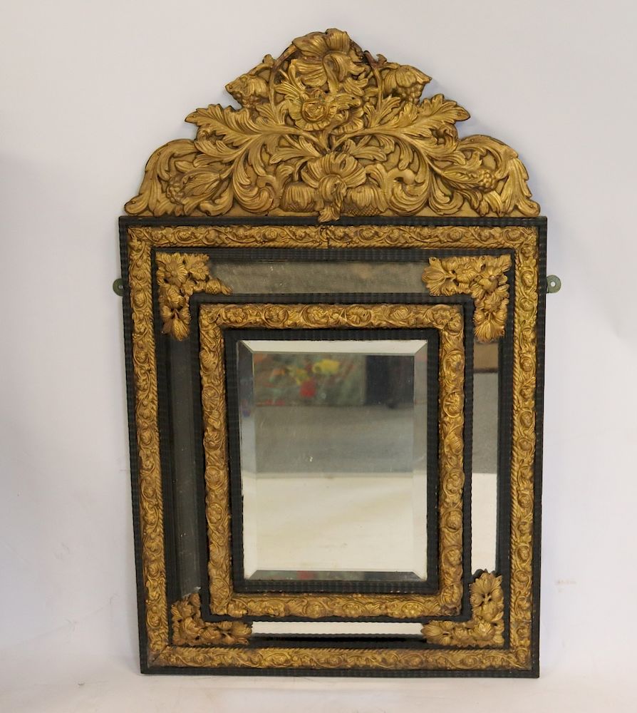 Appraisal: Antique Ebonised Mirror With Gilt Tin Crown And Panels In